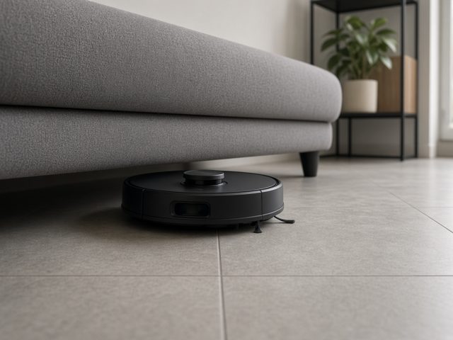 Robot aspirateur noir à navigation laser passant sous un canapé gris sur un carrelage