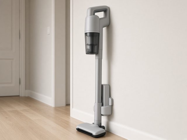 Aspirateur balai sans fil gris rangé sur son support mural de charge dans une entrée