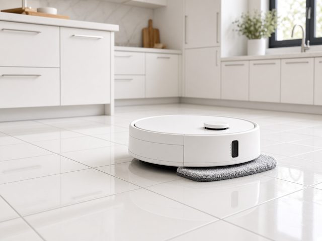 Robot aspirateur laveur blanc avec serpillière microfibre sur un carrelage blanc de cuisine