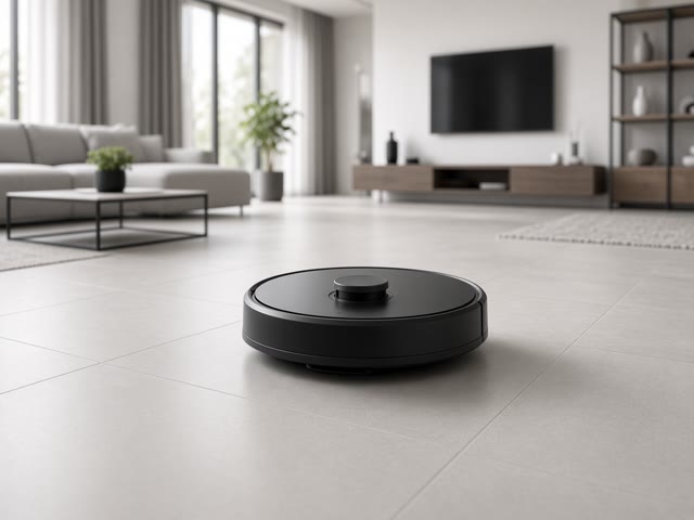 Robot aspirateur noir avec tourelle de navigation laser sur le grand carrelage clair d’un salon ouvert