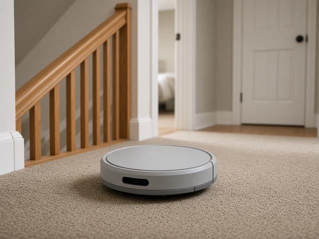 Robot aspirateur gris clair sur la moquette du palier de l’étage, près de la rampe d’escalier