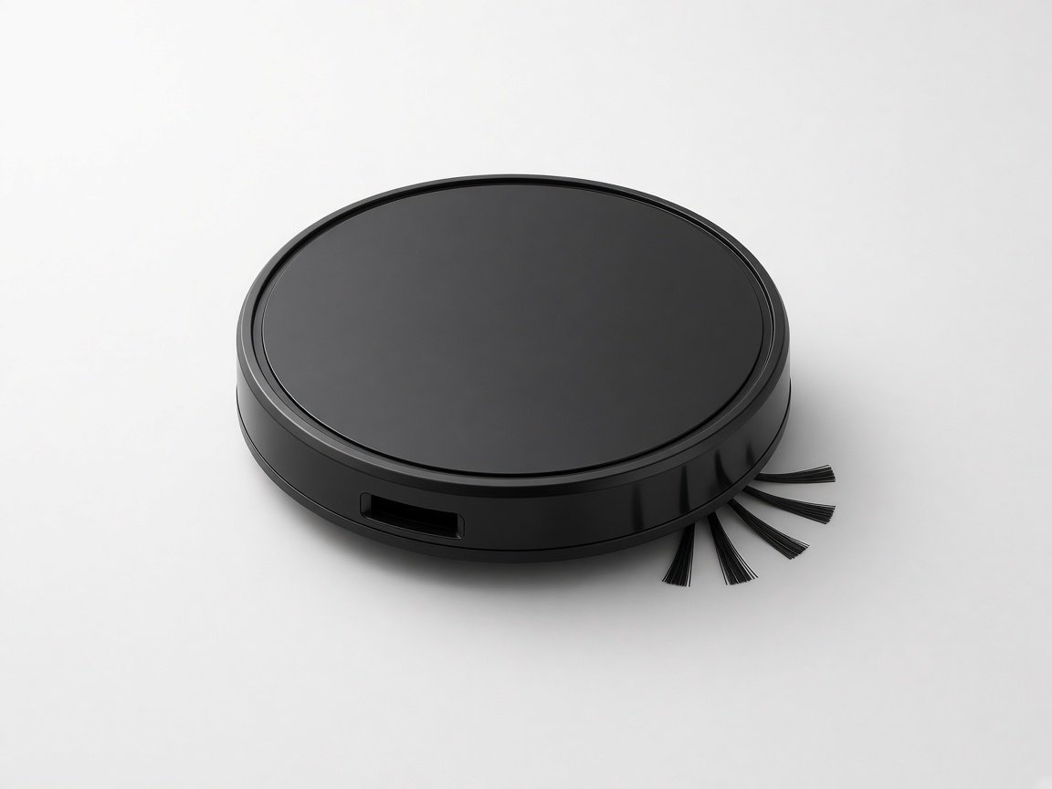 Robot aspirateur rond noir et compact avec brosse latérale, vue produit