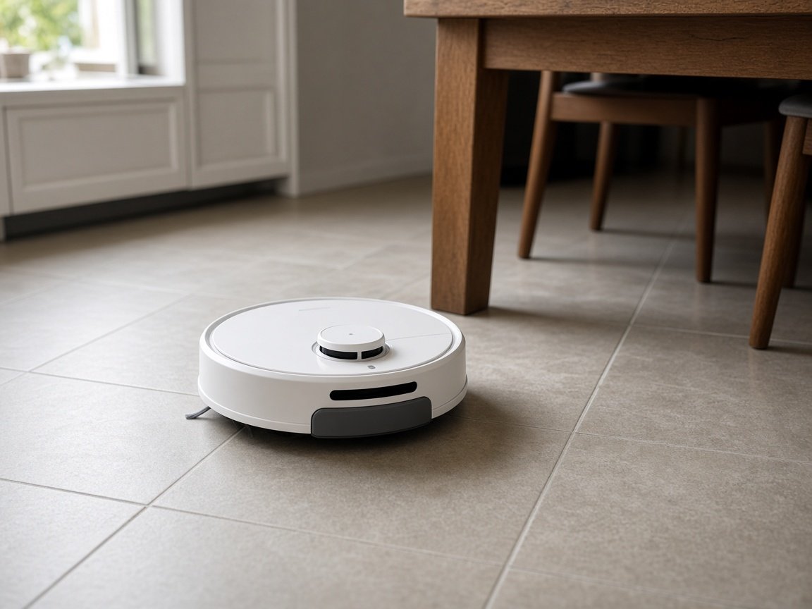 Robot aspirateur blanc avec tourelle laser sur un carrelage de cuisine
