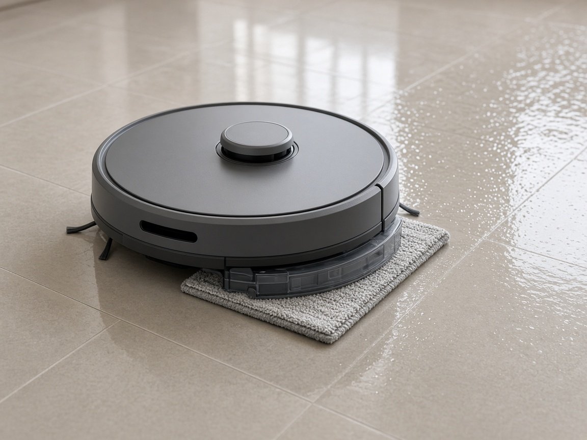 Robot aspirateur laveur gris avec réservoir d’eau et lingette microfibre sur un sol brillant