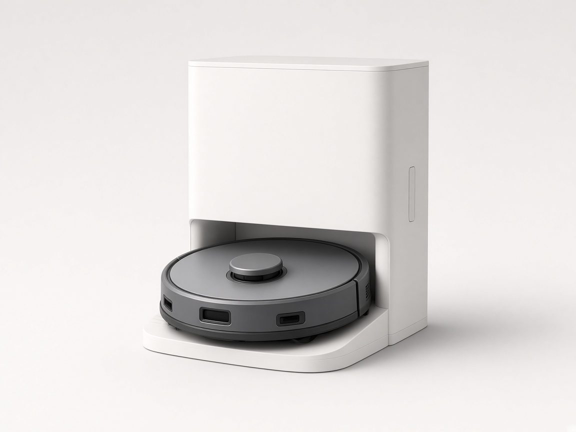 Robot aspirateur gris sur une station blanche