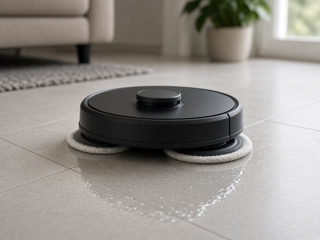 Robot aspirateur laveur noir à deux serpillières rotatives lavant un carrelage gris clair dans un salon