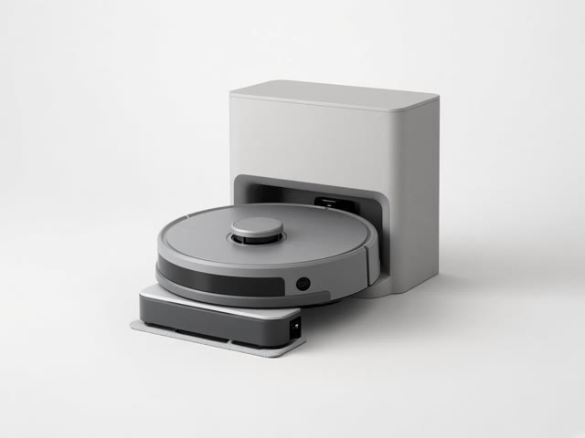 Robot aspirateur laveur gris avec support de serpillière devant sa station de vidage compacte