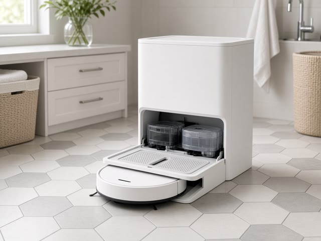 Robot aspirateur laveur blanc dans une station tout-en-un ouverte montrant ses deux réservoirs d’eau et le bac de lavage