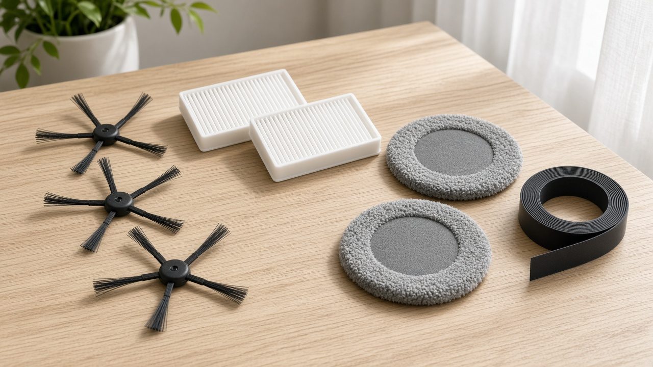 Accessoires de robot aspirateur posés sur une table