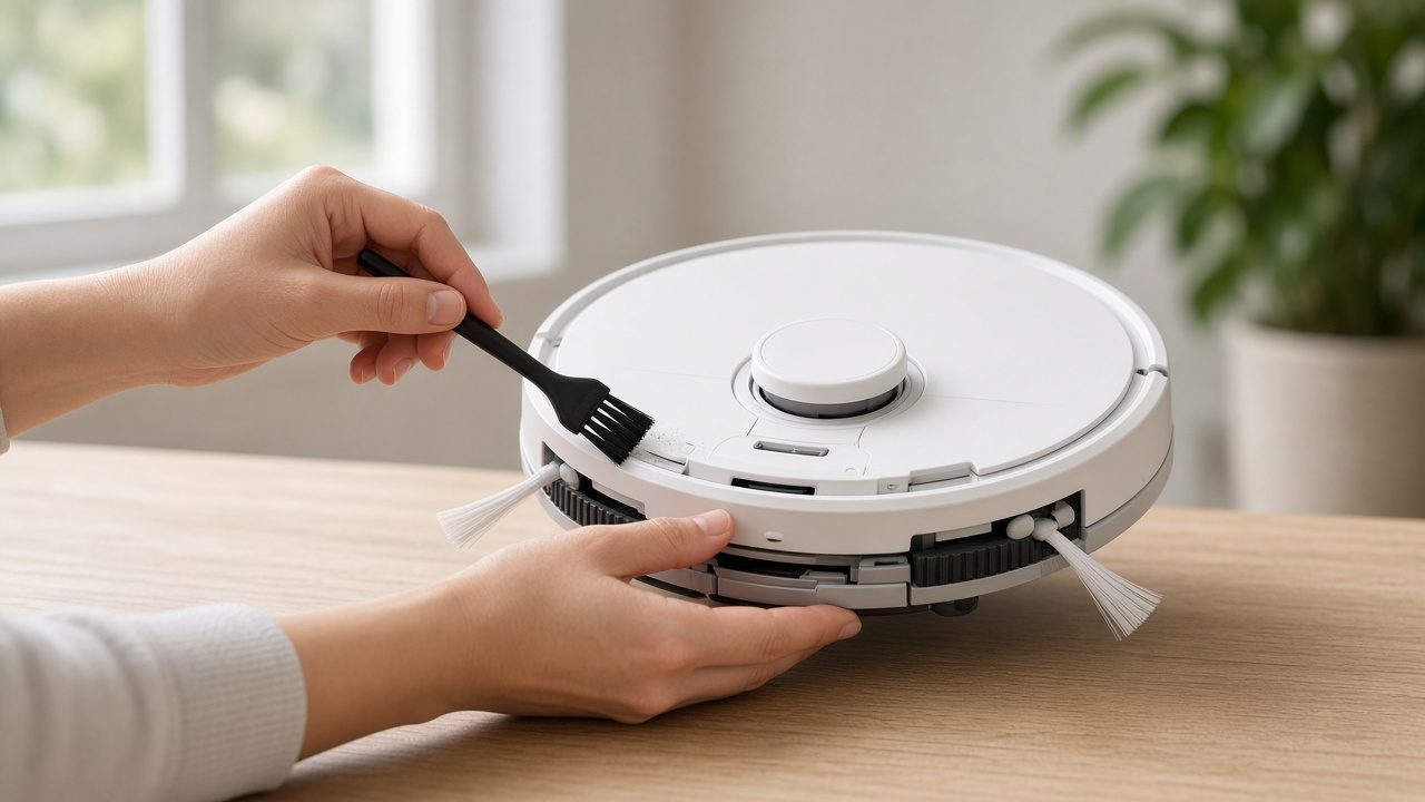 Mains nettoyant la brosse d’un robot aspirateur retourné
