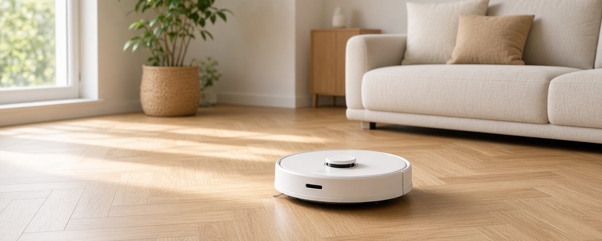 Robot aspirateur sur un parquet clair dans un salon lumineux