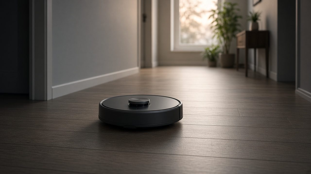Robot aspirateur avec tourelle sur le dessus dans un couloir