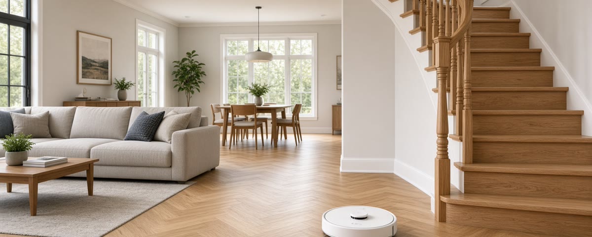 Robot aspirateur blanc nettoyant un grand parquet en chevrons au pied d’un escalier en bois dans une maison lumineuse