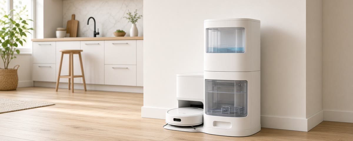 Robot aspirateur laveur blanc garé dans sa grande station autonettoyante à réservoirs d’eau, dans une cuisine claire au parquet chêne