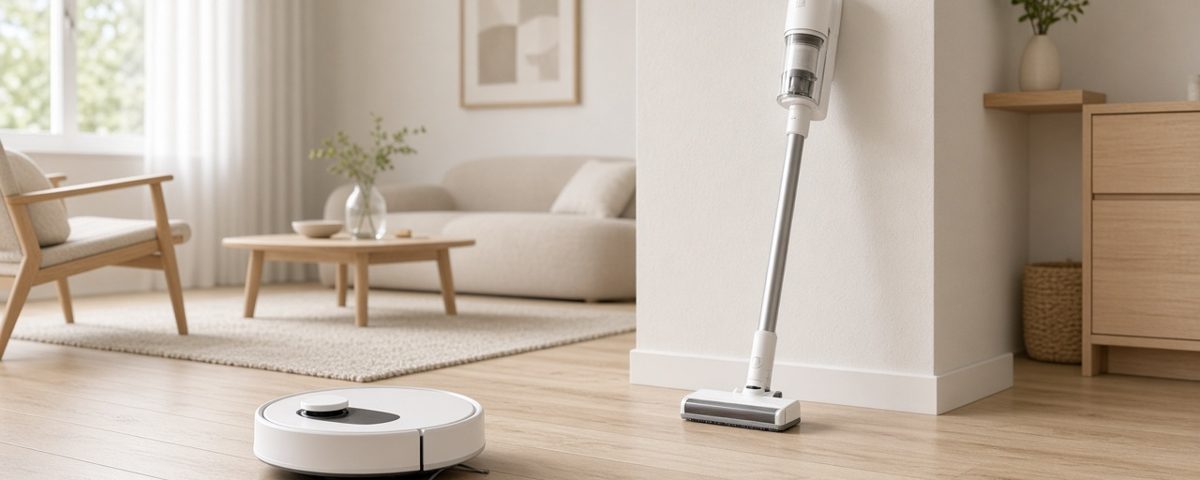 Robot aspirateur blanc sur un parquet clair à côté d’un aspirateur balai sans fil posé contre le mur d’un salon