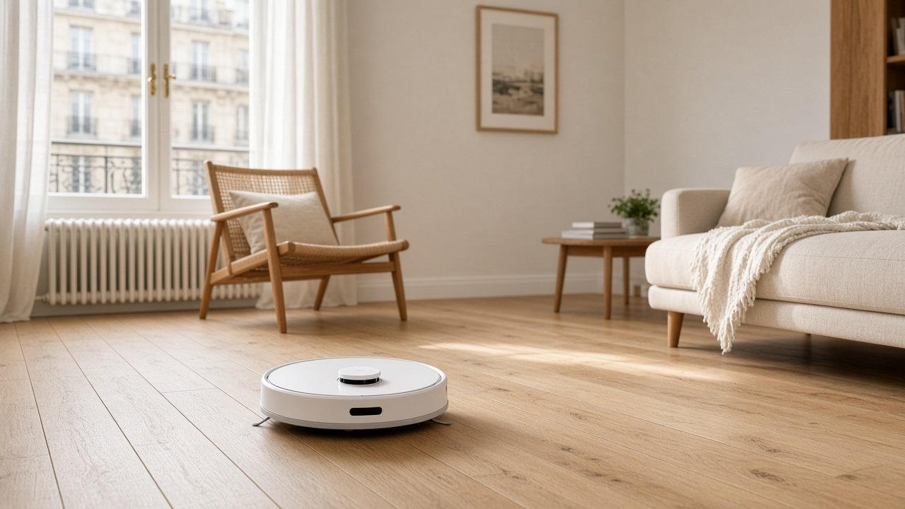 Robot aspirateur blanc compact sur un parquet clair dans un salon lumineux