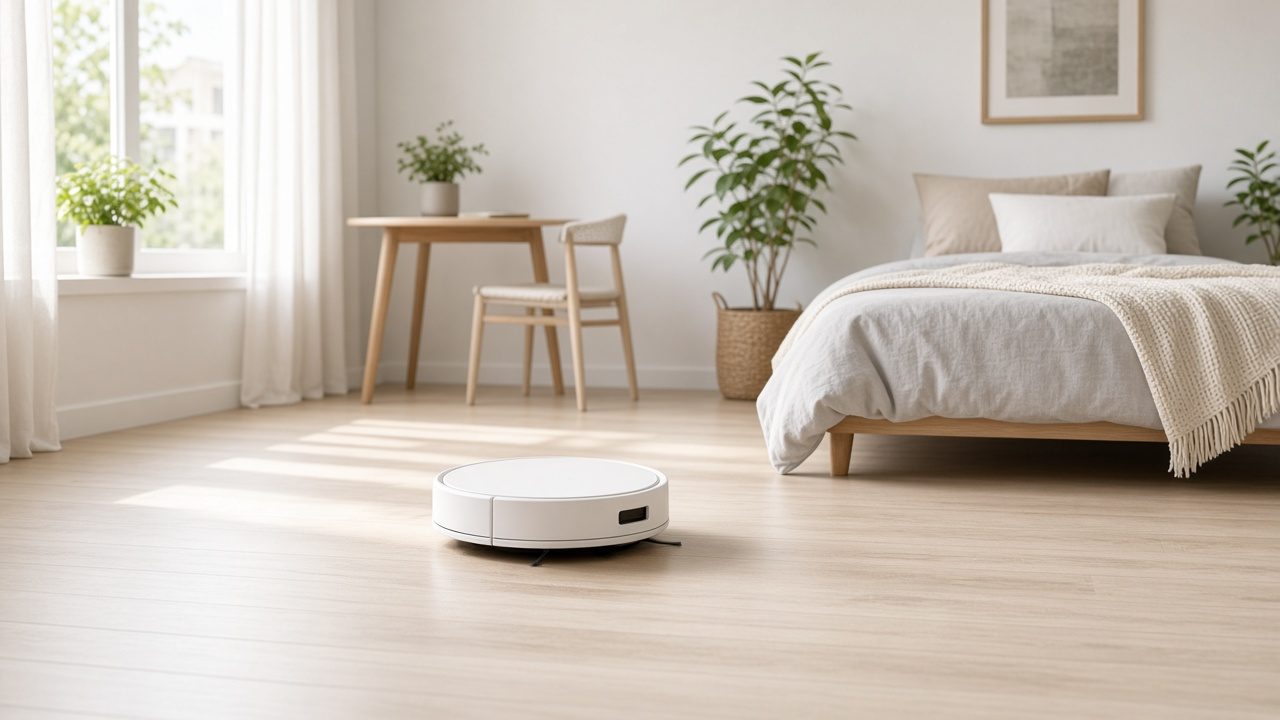 Robot aspirateur dans un studio lumineux