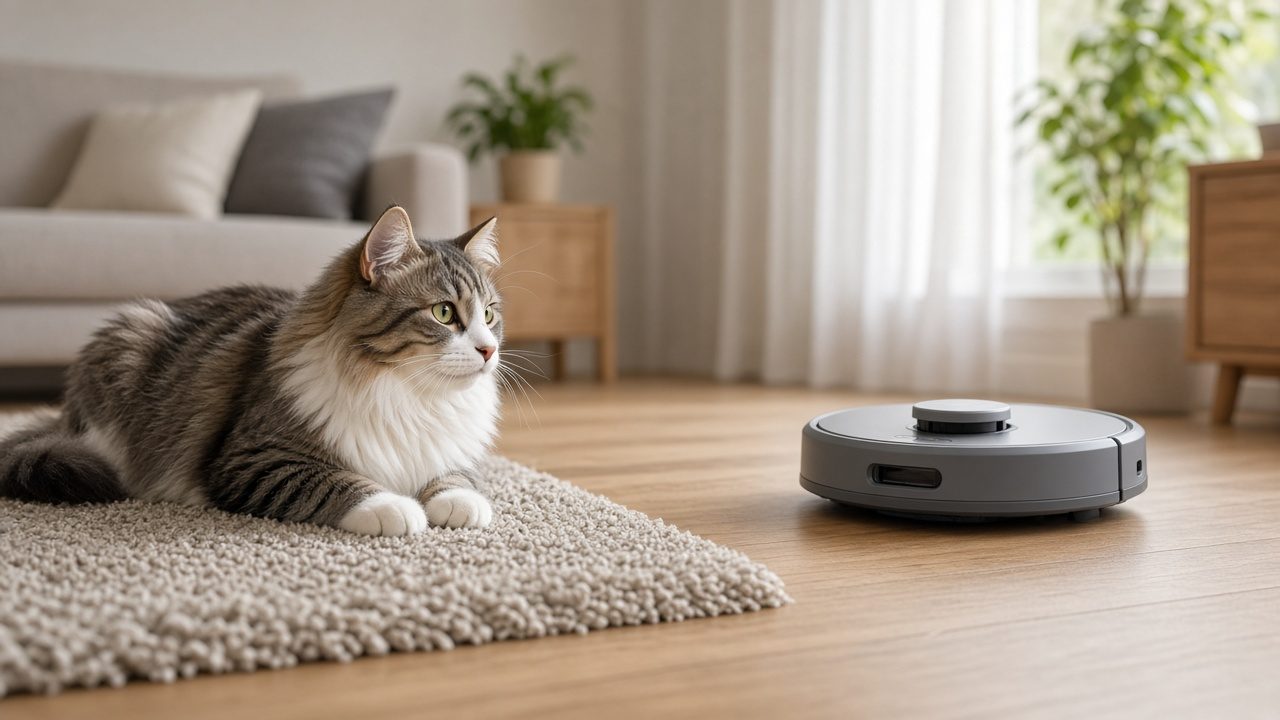 Chat couché près d’un robot aspirateur sur un parquet