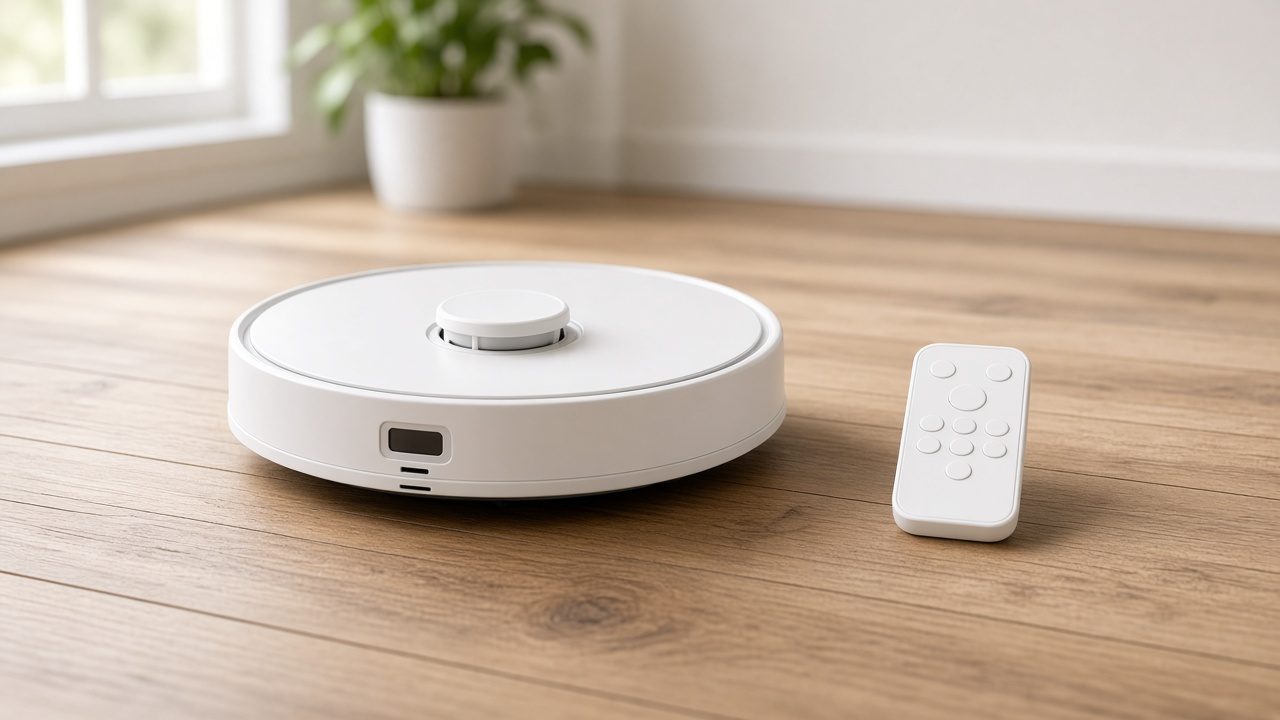 Télécommande posée près d’un robot aspirateur