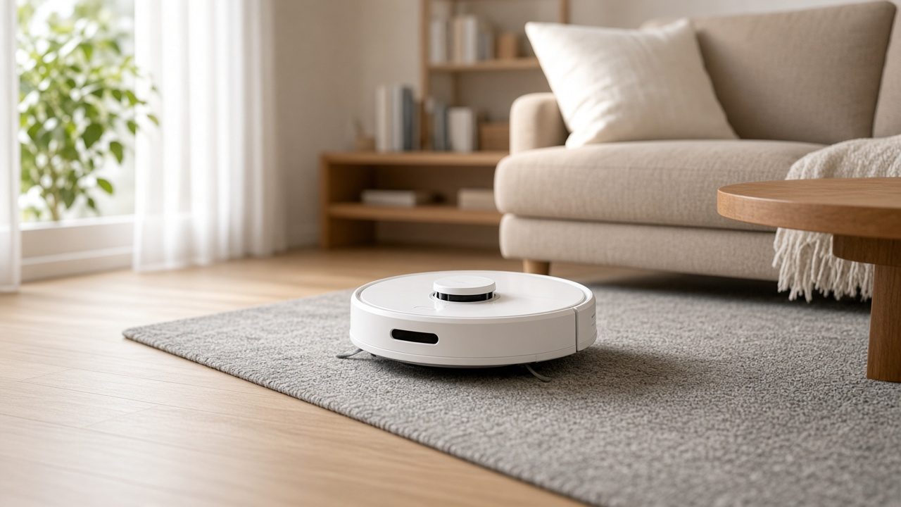 Robot aspirateur passant sur un tapis gris dans un salon