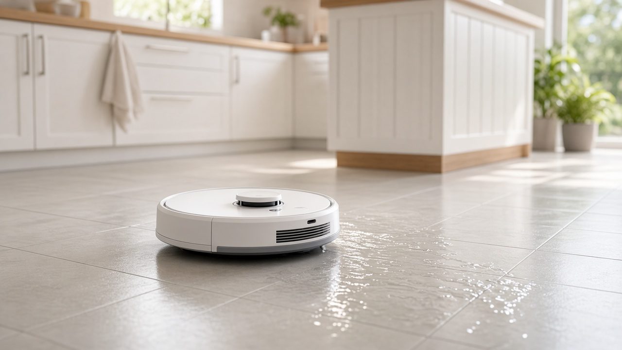 Robot laveur sur un carrelage clair brillant