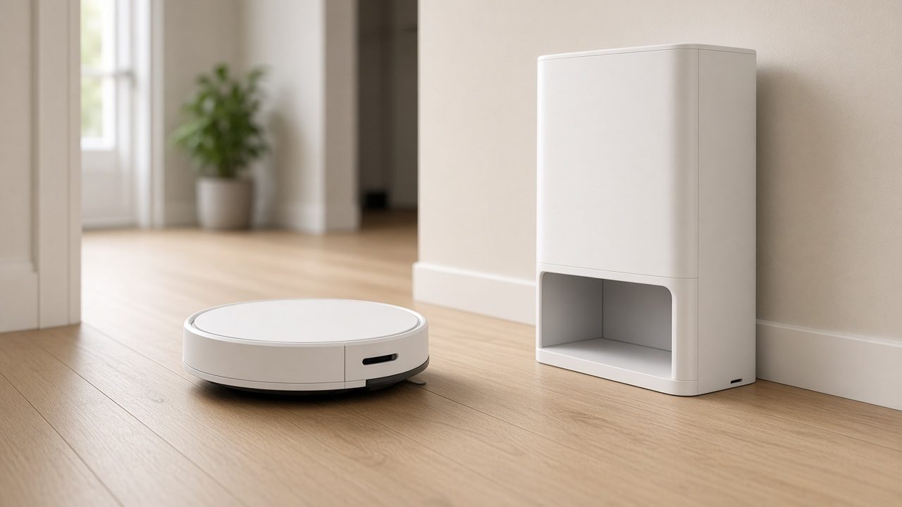 Robot aspirateur rentrant dans sa station de vidage